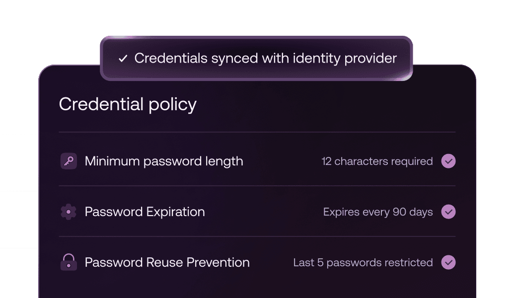 Credential policy interface showing password rules and synced identity provider credentials
