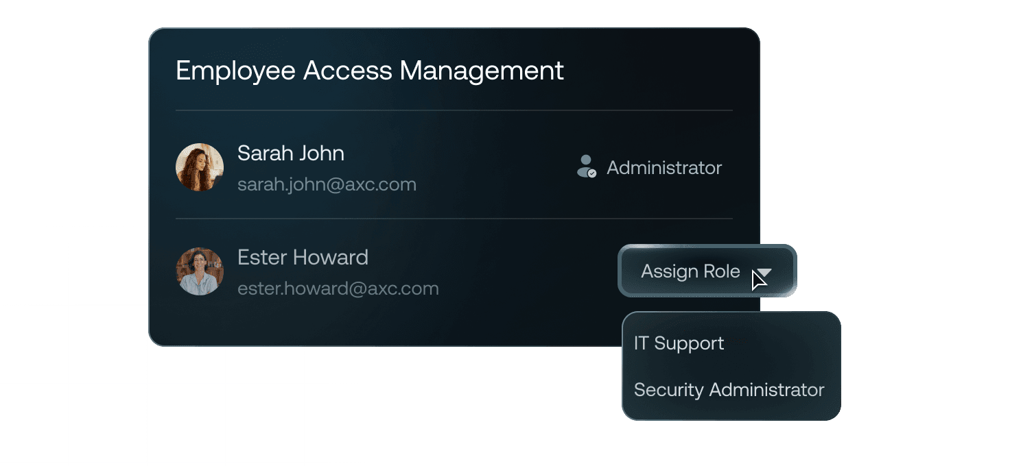 Employee access management interface with role assignment options for device access