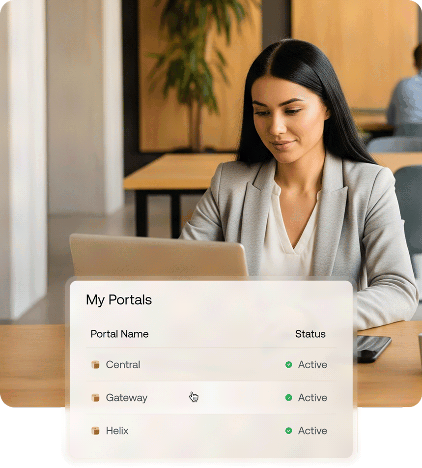 A professional woman uses a laptop next to a "My Portals" overlay listing active portals named Central, Gateway, and Helix with status indicators.