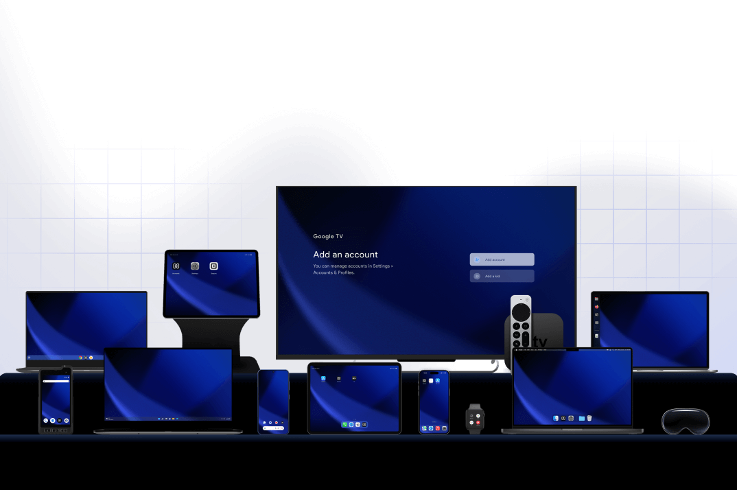 A wide display of various synced devices including smartphones, tablets, laptops, a smartwatch, and a smart TV showing the Google TV interface.