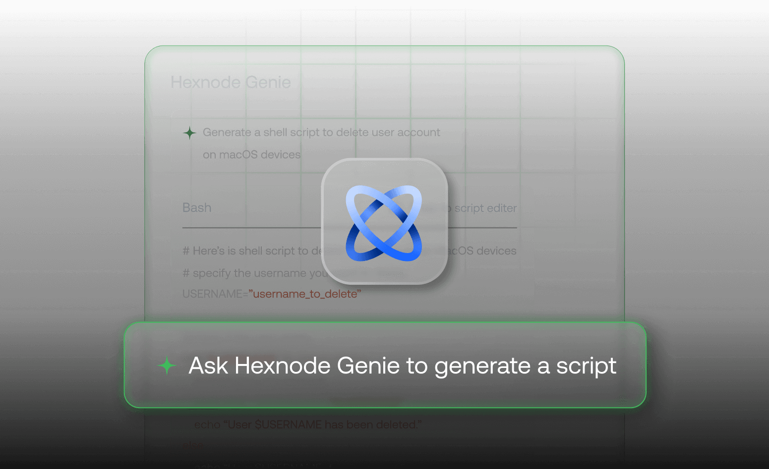 Hexnode Genie interface showing an AI-powered script generator creating a Bash shell script to delete user accounts on managed macOS devices.