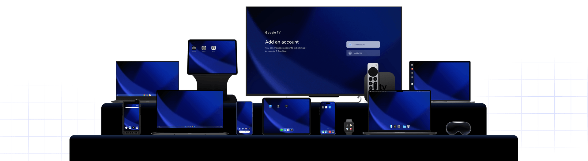 A wide display of various synced devices including smartphones, tablets, laptops, a smartwatch, and a smart TV showing the Google TV interface.