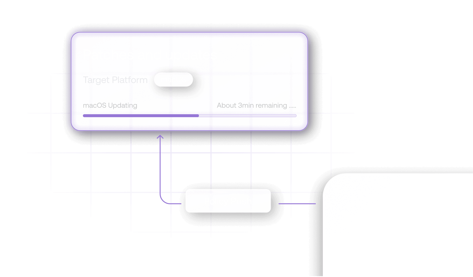 A "Patches and updates" notification for macOS showing a purple progress bar with a "Policy Push" action arrow indicating a remote system update.