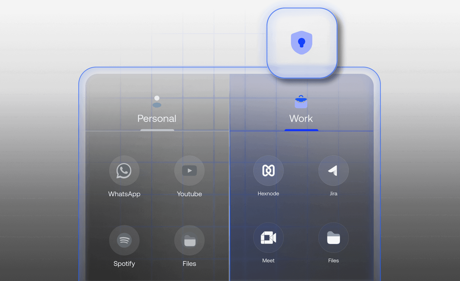Interface displaying a split "Personal" and "Work" profile view with various app icons, topped by a blue security shield icon for data protection.