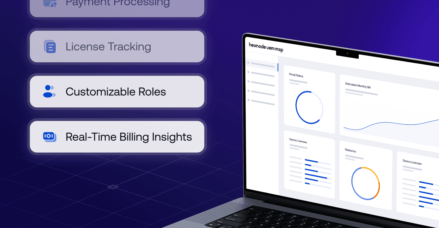 A laptop displaying the Hexnode UEM MSP portal dashboard next to floating feature banners for license tracking, customizable roles, and billing insights