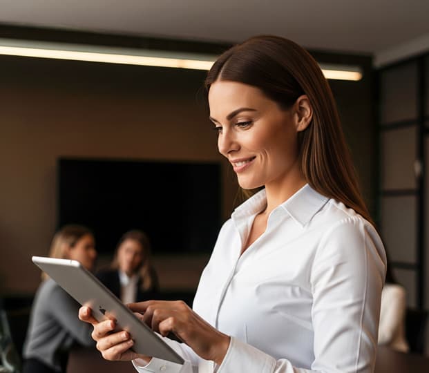 A business professional using a tablet, demonstrating Hexnode UEM’s mobile device management and secure access for hybrid workforce.