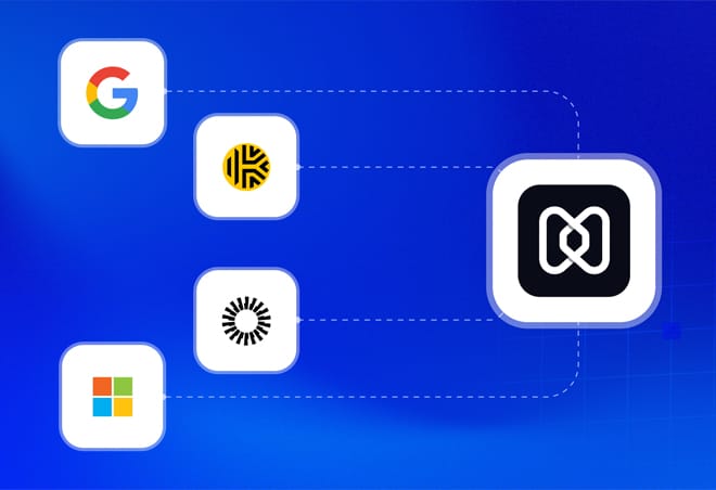 Graphic showing integration icons for Google, Azure, Okta, and Microsoft, representing seamless identity management and single sign-on (SSO) integration with Hexnode UEM.
