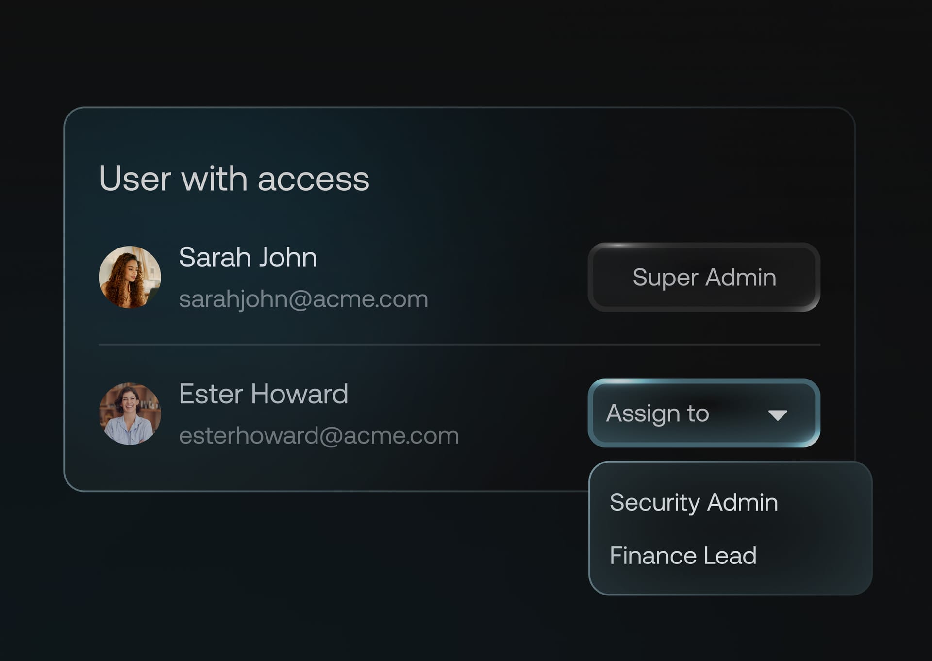 Interface for role based access control (RBAC), managing user permissions and administrative roles like Super Admin and Security Admin.