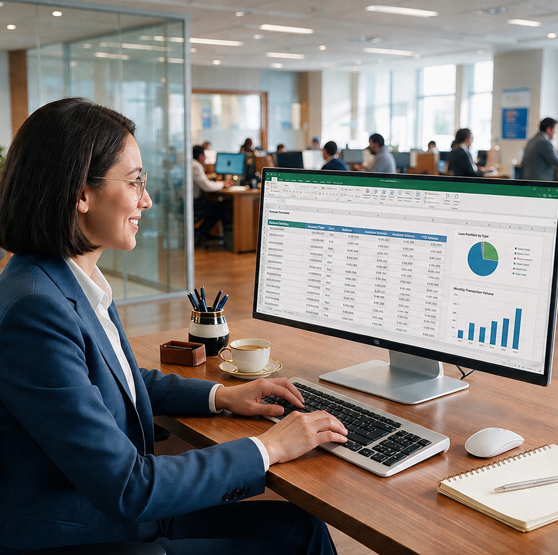 Bank employee at a branch workstation secured with Hexnode UEM IT solutions for the banking industry.