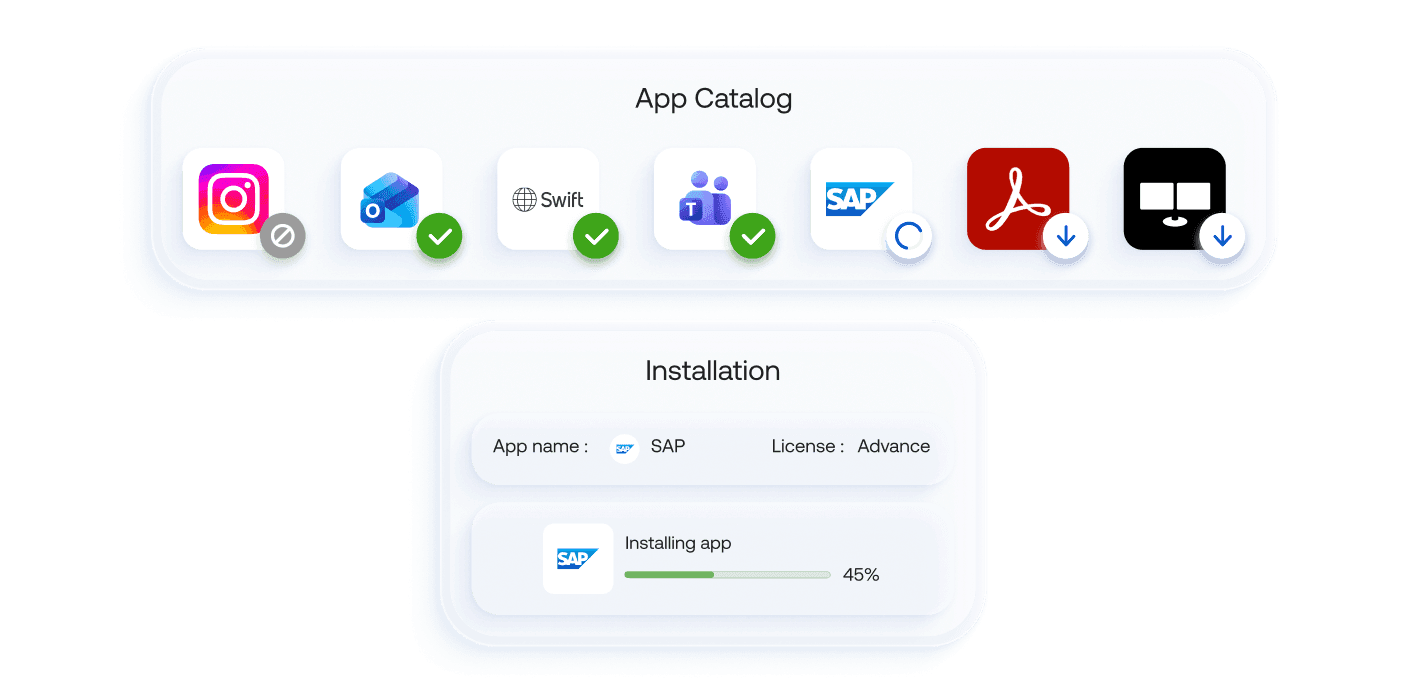 Internal banking apps and productivity tools distributed remotely to branch devices via Hexnode UEM.