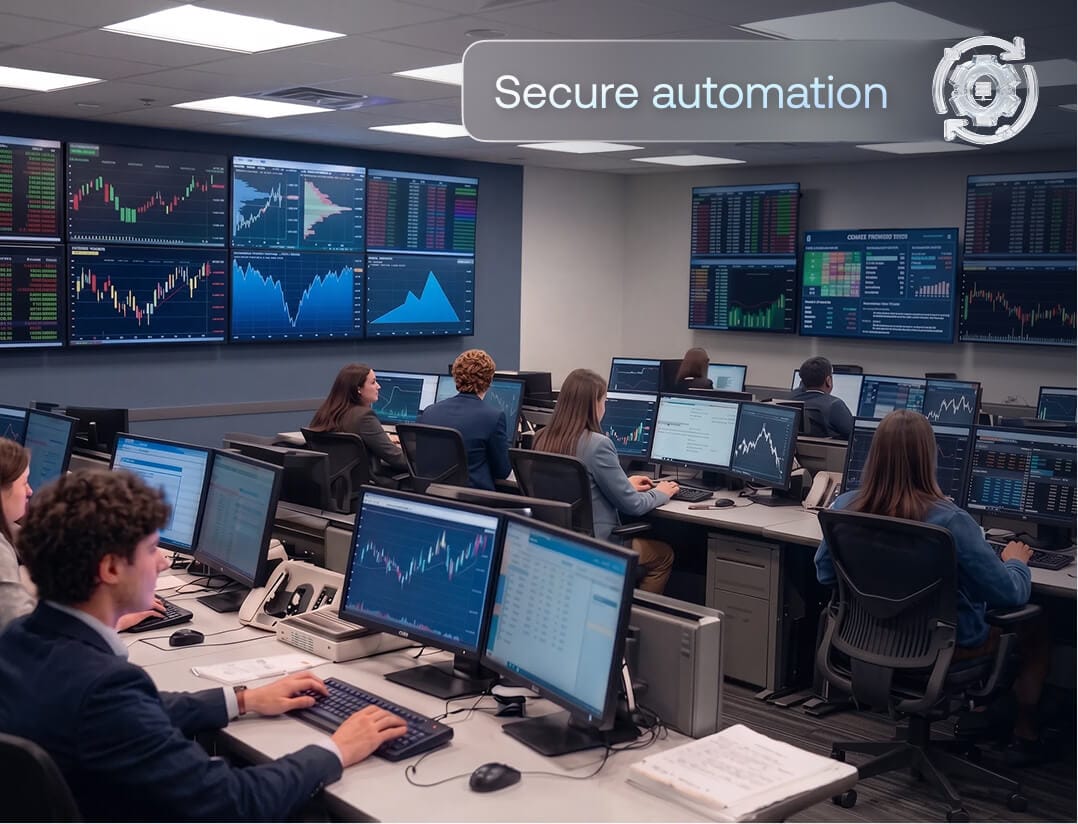 Bank IT team running automated compliance checks and update workflows across endpoints with Hexnode UEM.