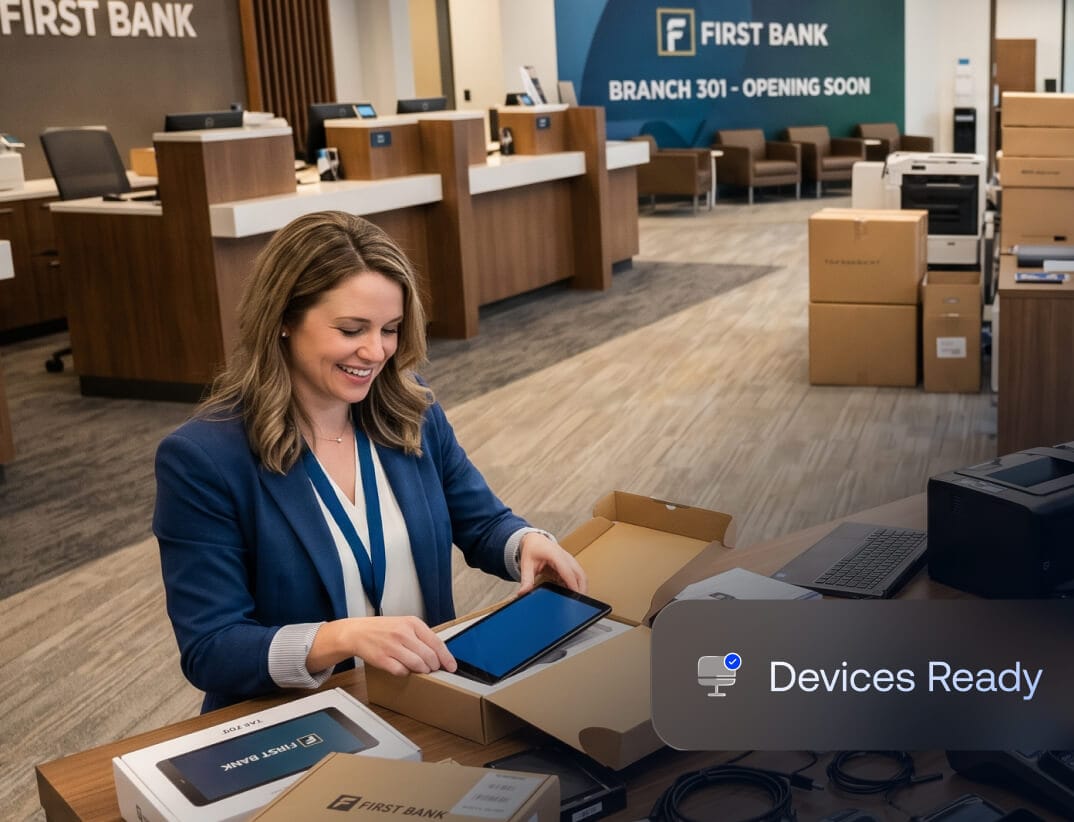 Banking staff using a zero-touch provisioned tablet, ready for branch use out of the box with Hexnode UEM.
