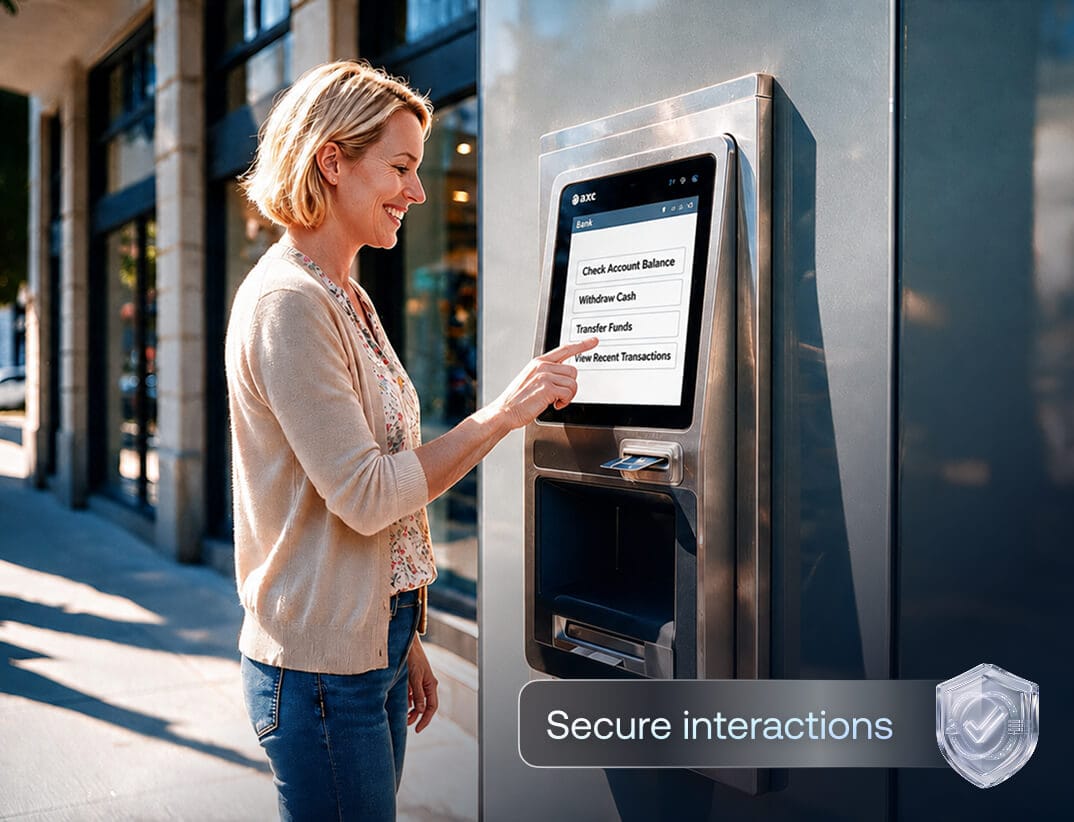 Customer-facing banking kiosk restricted to approved apps and locked against tampering by Hexnode UEM.