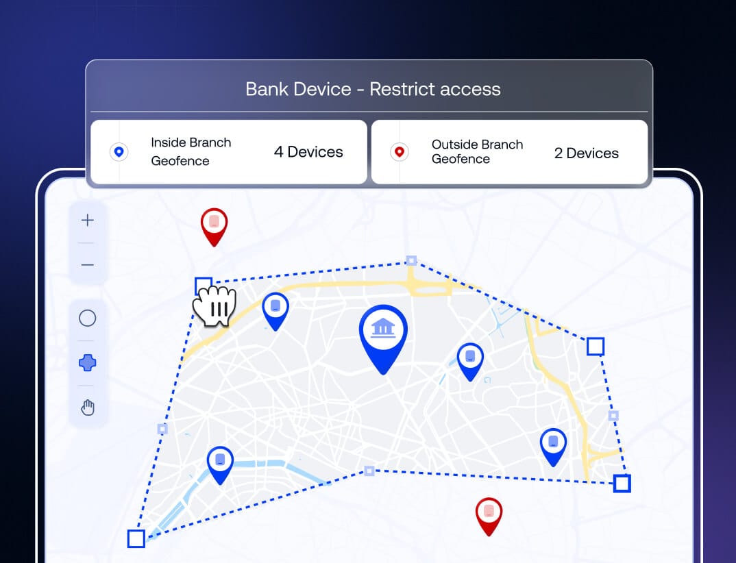 Location dashboard enforcing encryption and access policies across bank branches with Hexnode UEM.