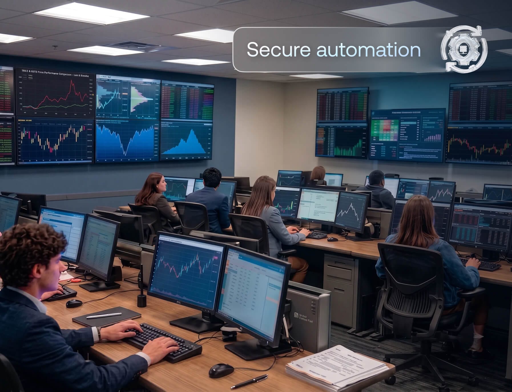 Bank IT team running automated compliance checks and update workflows across endpoints with Hexnode UEM.