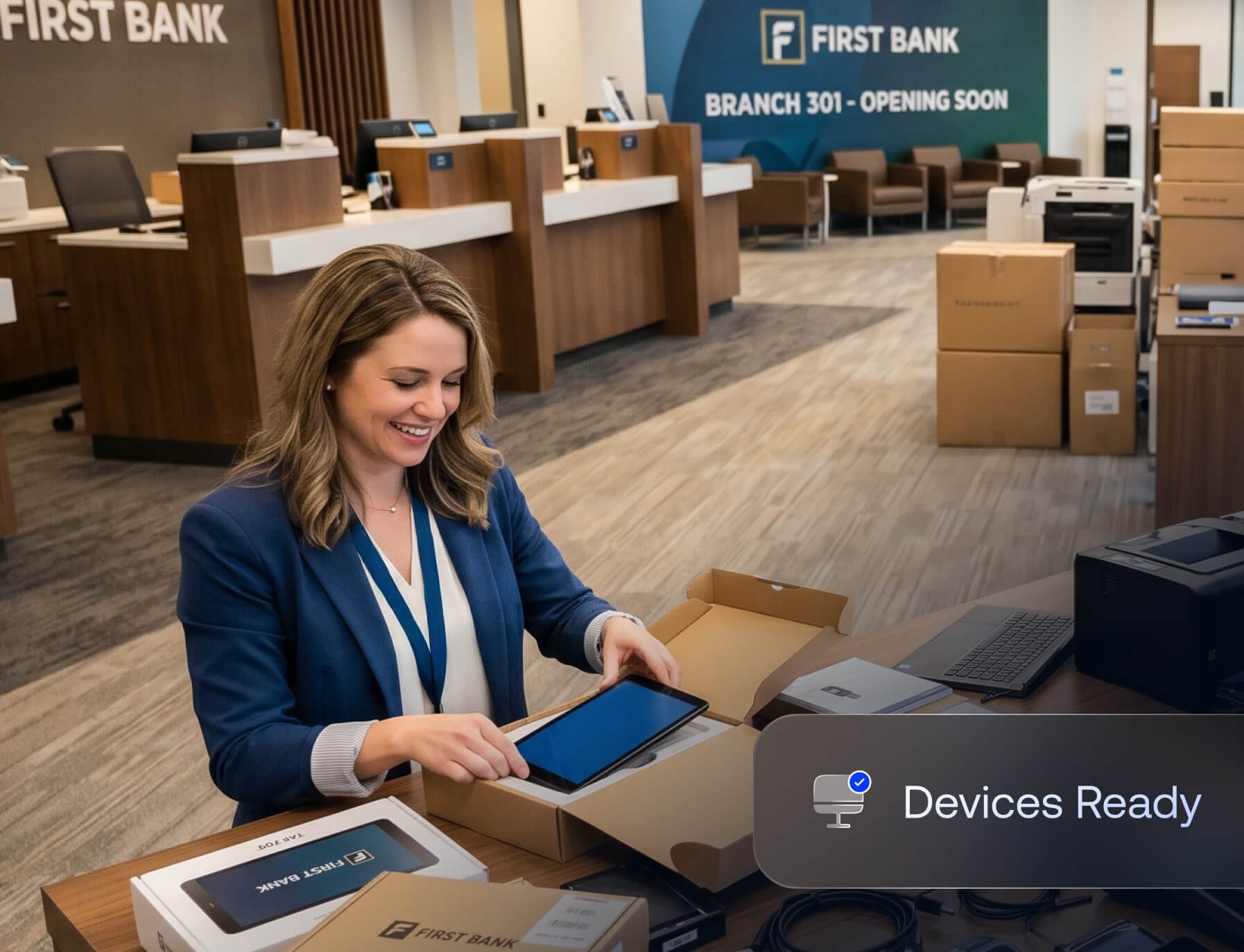 Banking staff using a zero-touch provisioned tablet, ready for branch use out of the box with Hexnode UEM.