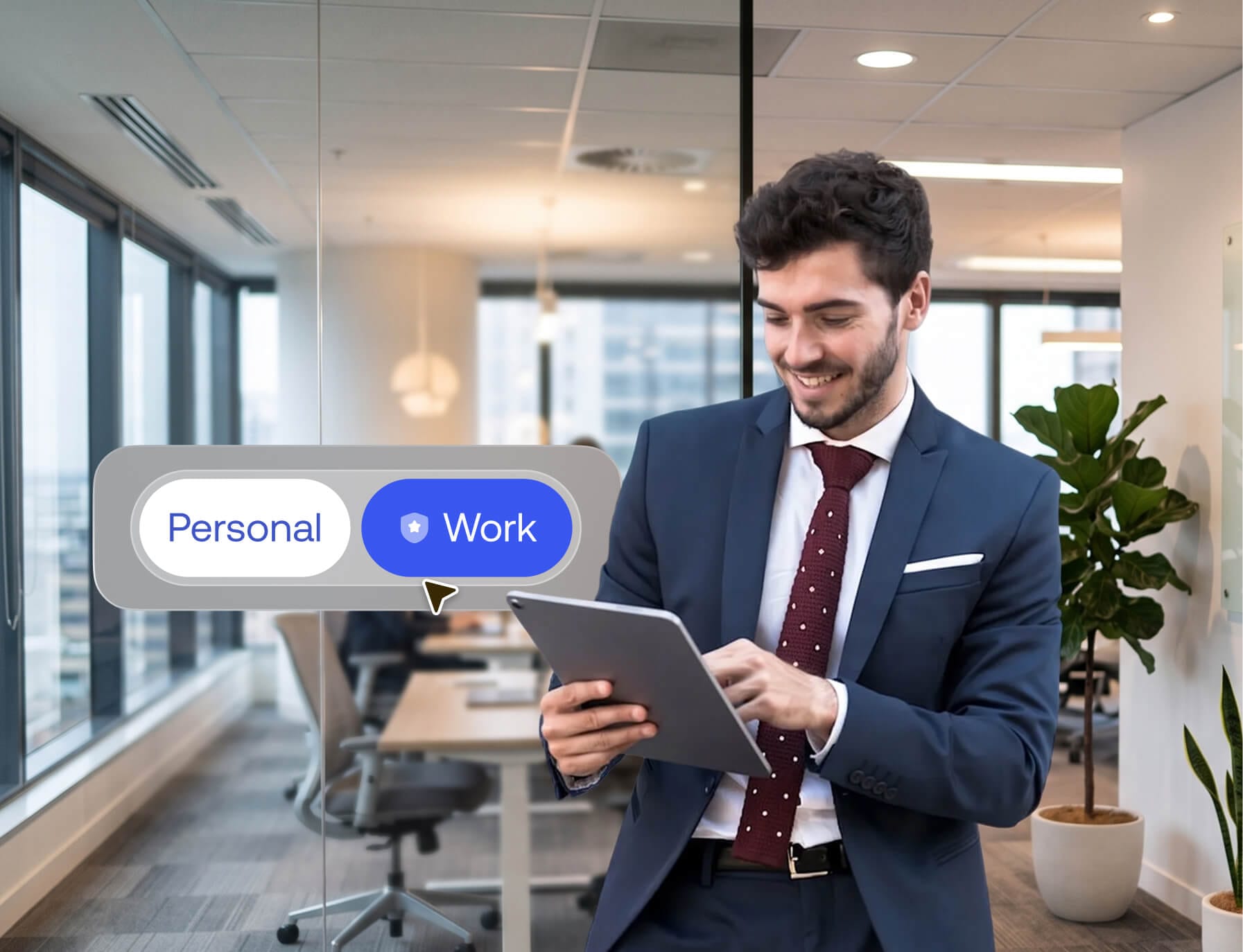 Bank advisor signing in to a shared device with role-based access and work profiles via Hexnode UEM.