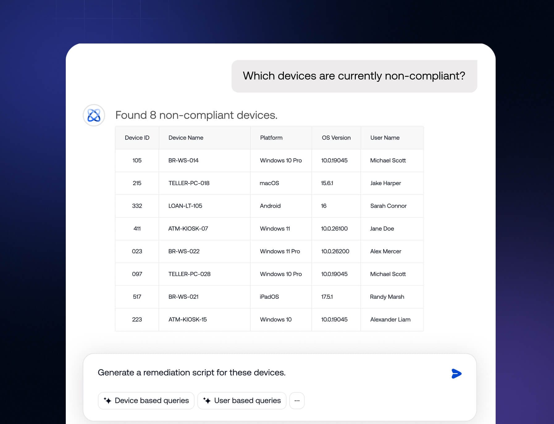 Hexnode Genie AI surfacing device issue insights and guided fixes for banking IT troubleshooting.