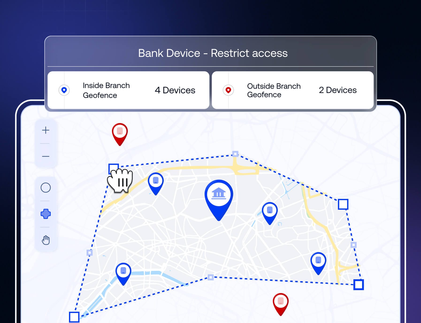 Location dashboard enforcing encryption and access policies across bank branches with Hexnode UEM.