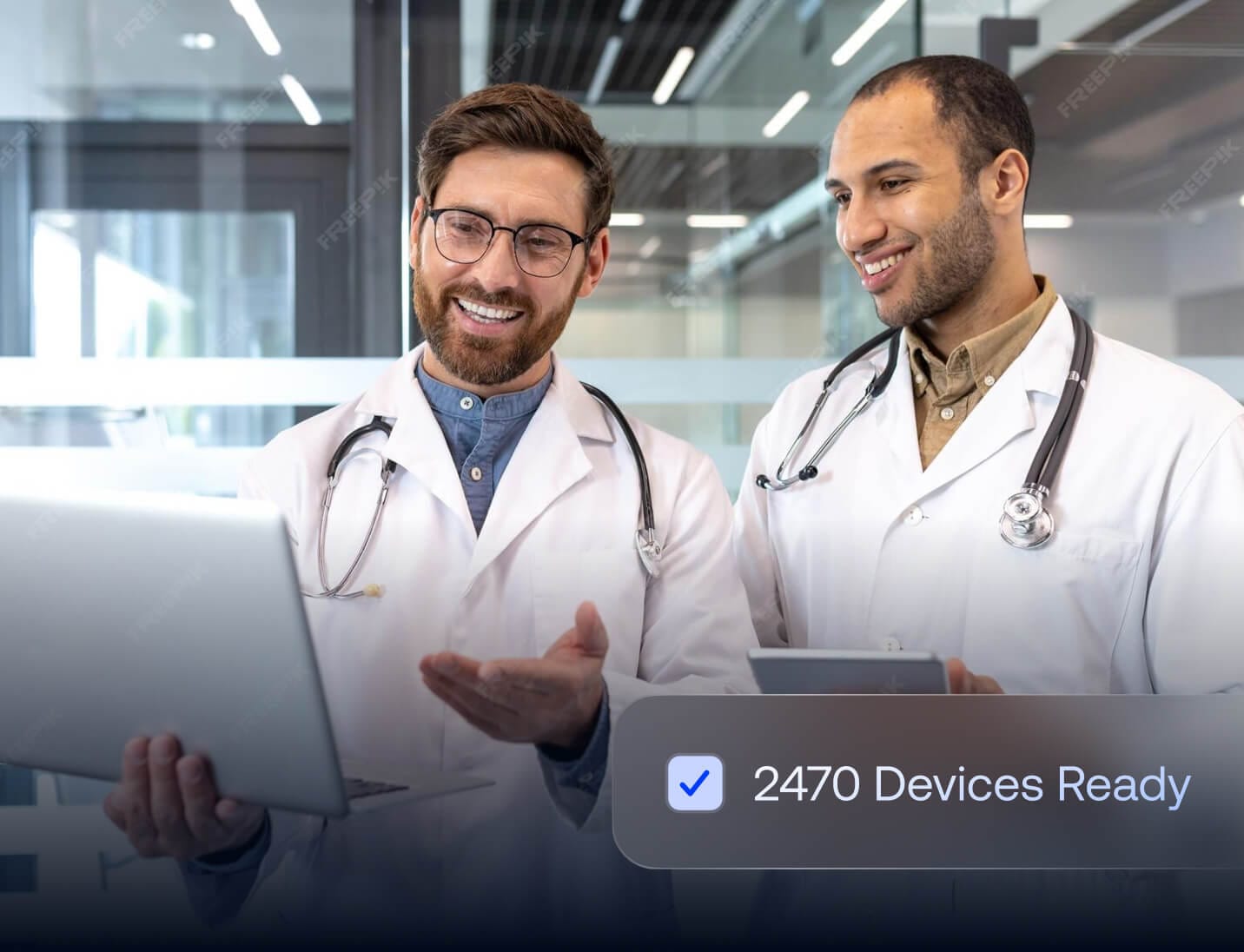 Healthcare professionals reviewing devices ready for zero-touch rollout across hospitals and clinics with Hexnode UEM.
