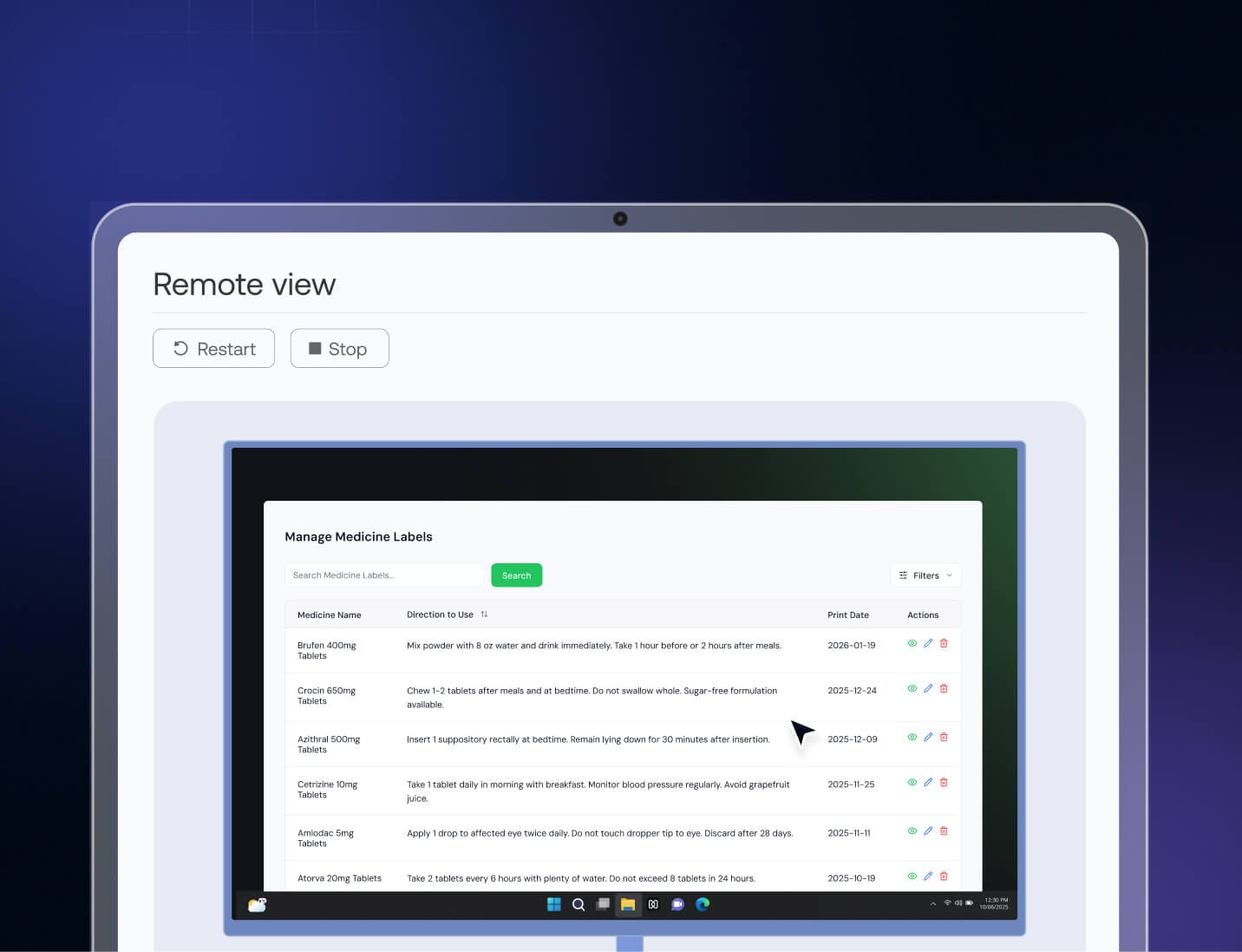 Remote view console used to troubleshoot and restart healthcare devices without on-site IT support.