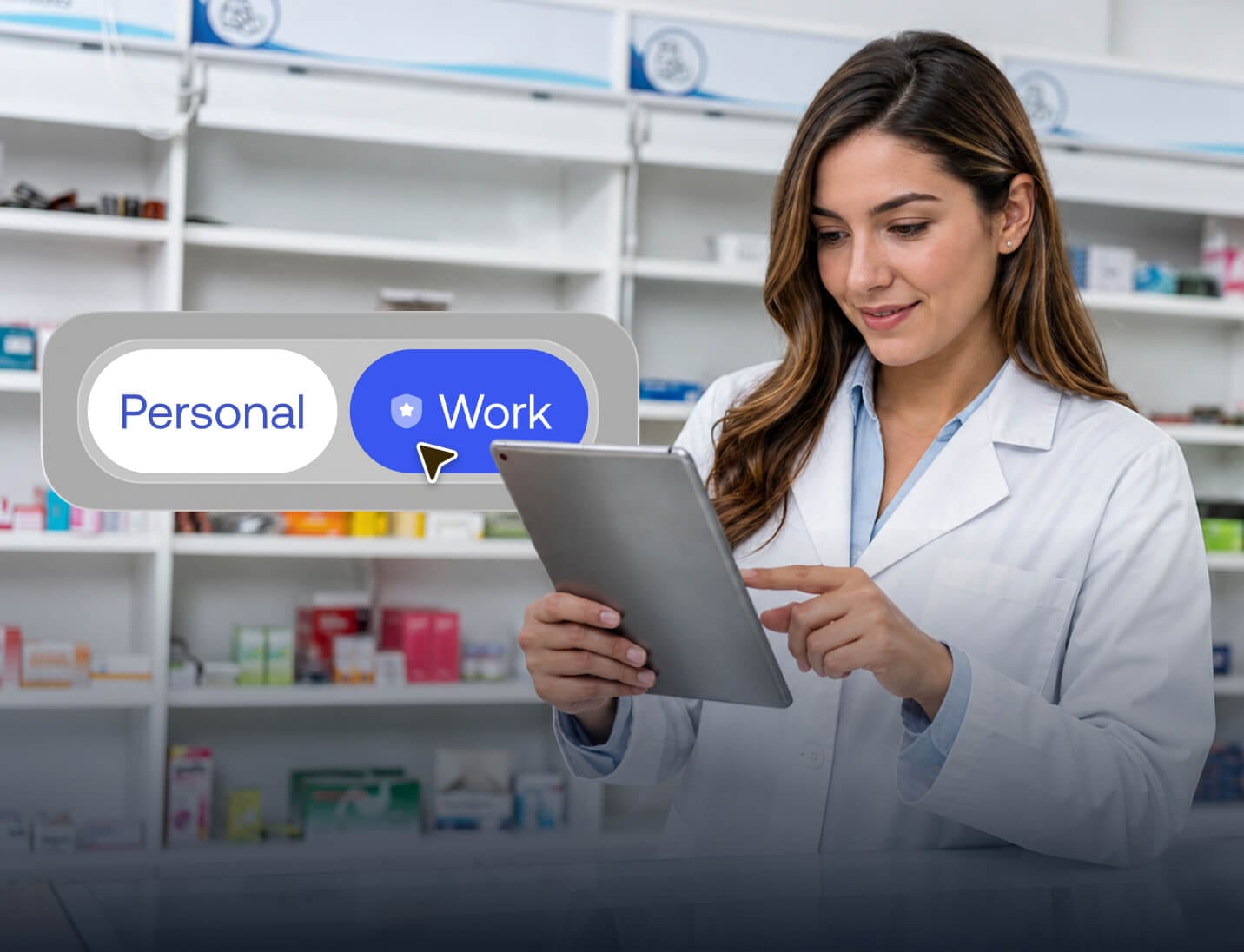 Healthcare professional using a tablet with work and personal profiles separated by Hexnode UEM.