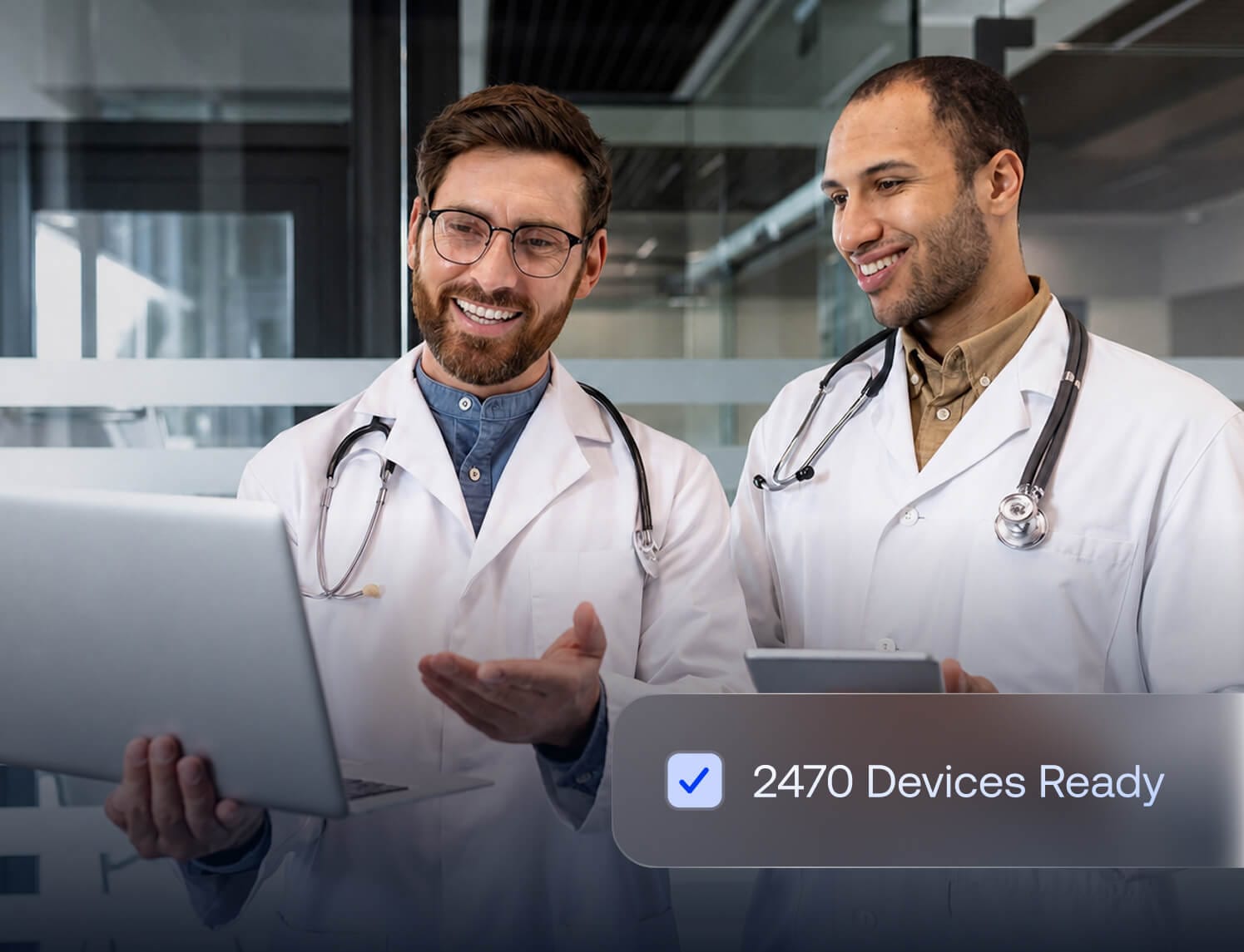 Healthcare professionals reviewing devices ready for zero-touch rollout across hospitals and clinics with Hexnode UEM.