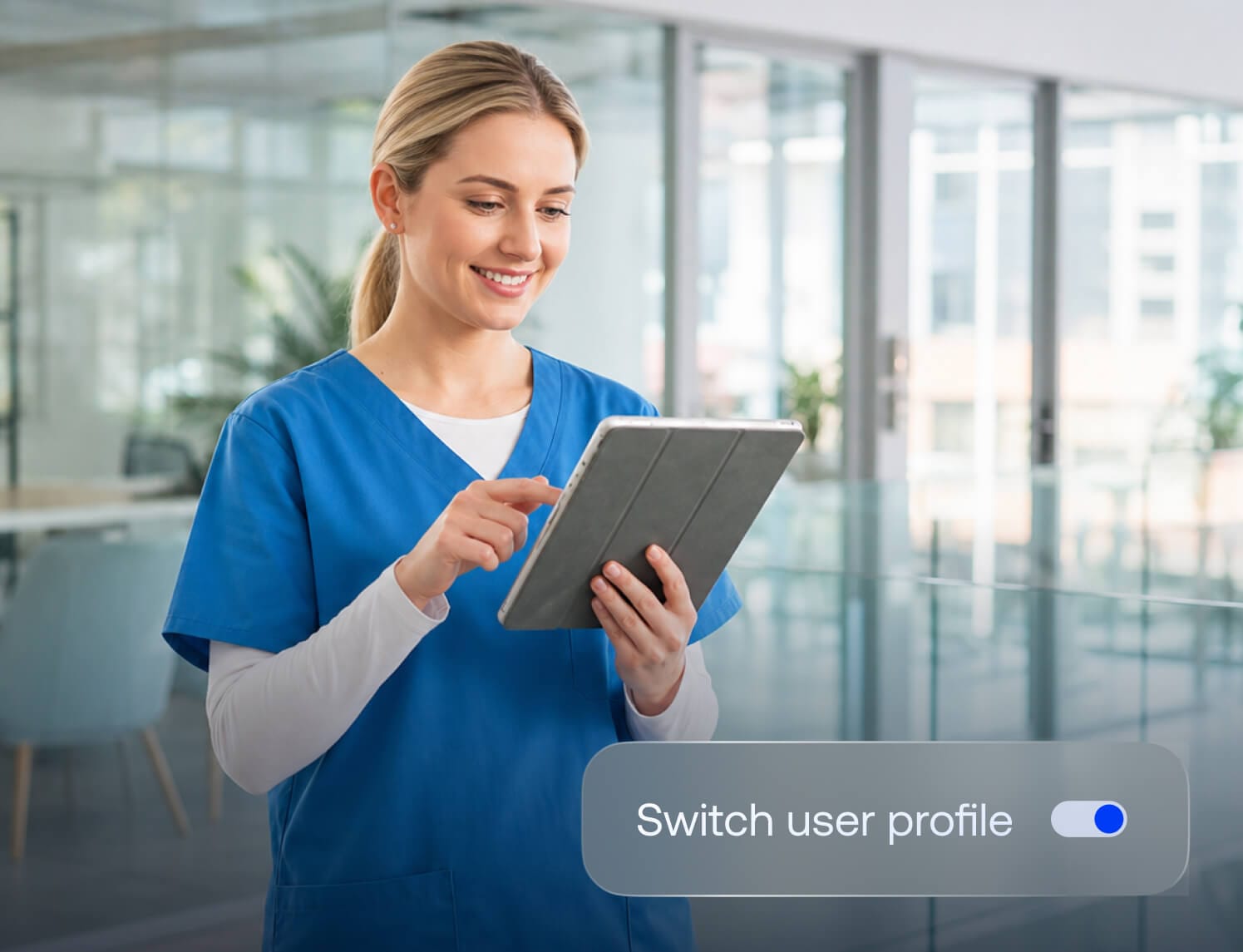 Hospital staff switching user profiles on a shared clinical tablet managed by Hexnode UEM.
