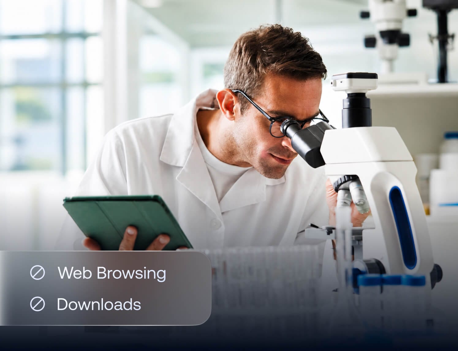 Clinical workstation locked to approved medical apps with browsing and downloads blocked by Hexnode UEM.