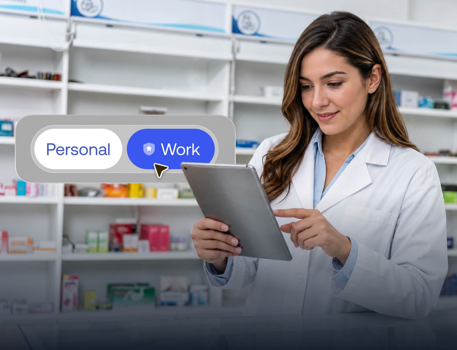Healthcare professional using a tablet with work and personal profiles separated by Hexnode UEM.