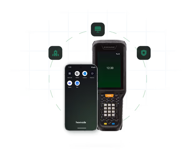 A smartphone and a rugged handheld computer displaying apps, surrounded by device management icons