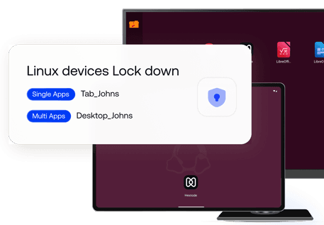 A dialog box titled 'Linux devices Lock down' overlays a desktop monitor and tablet. The dialog shows options for 'Single App' and 'Multi App' along with device name