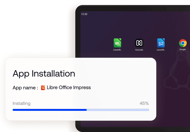 A window titled 'App Installation' overlays a tablet screen showing Linux desktop indicating an installation progress bar at 45%.