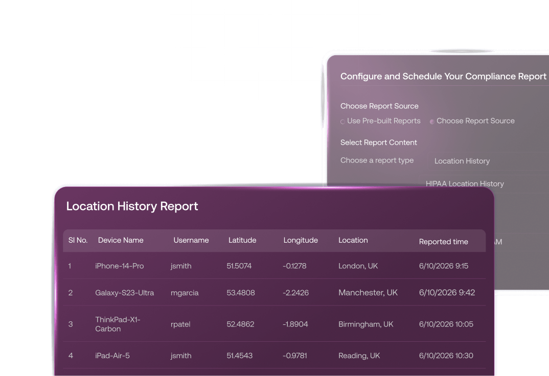 A dark mode interface displaying a comprehensive 'Location history report' table featuring columns for Device, Time, Coordinates, and Status.