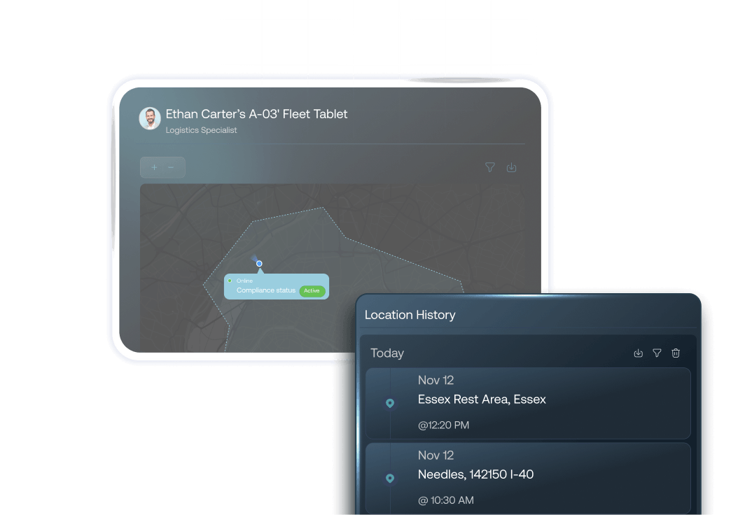 A dark mode dashboard showing a map interface with a 'Lost Mode Activated' alert and a detailed 'Location History' log panel listing coordinates and timestamps.