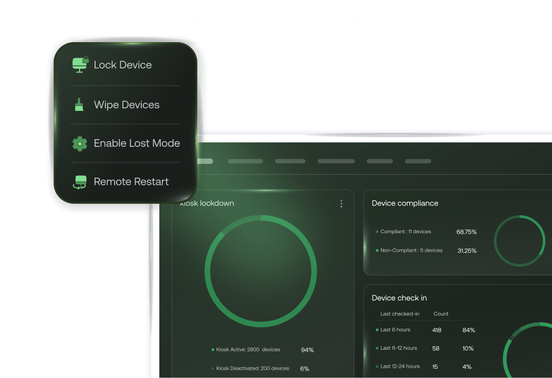A dark mode UI highlighting a quick-action dropdown menu with security options to 'Lock device,' 'Wipe device,' 'Enable lost mode,' and 'Restart device' layered over a map with a green circular geofence.