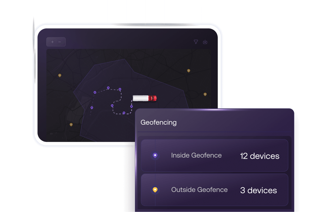 A dark mode dashboard interface displaying a map with a tracked vehicle and a 'Geofencing' widget highlighting active and in-transit device counts.