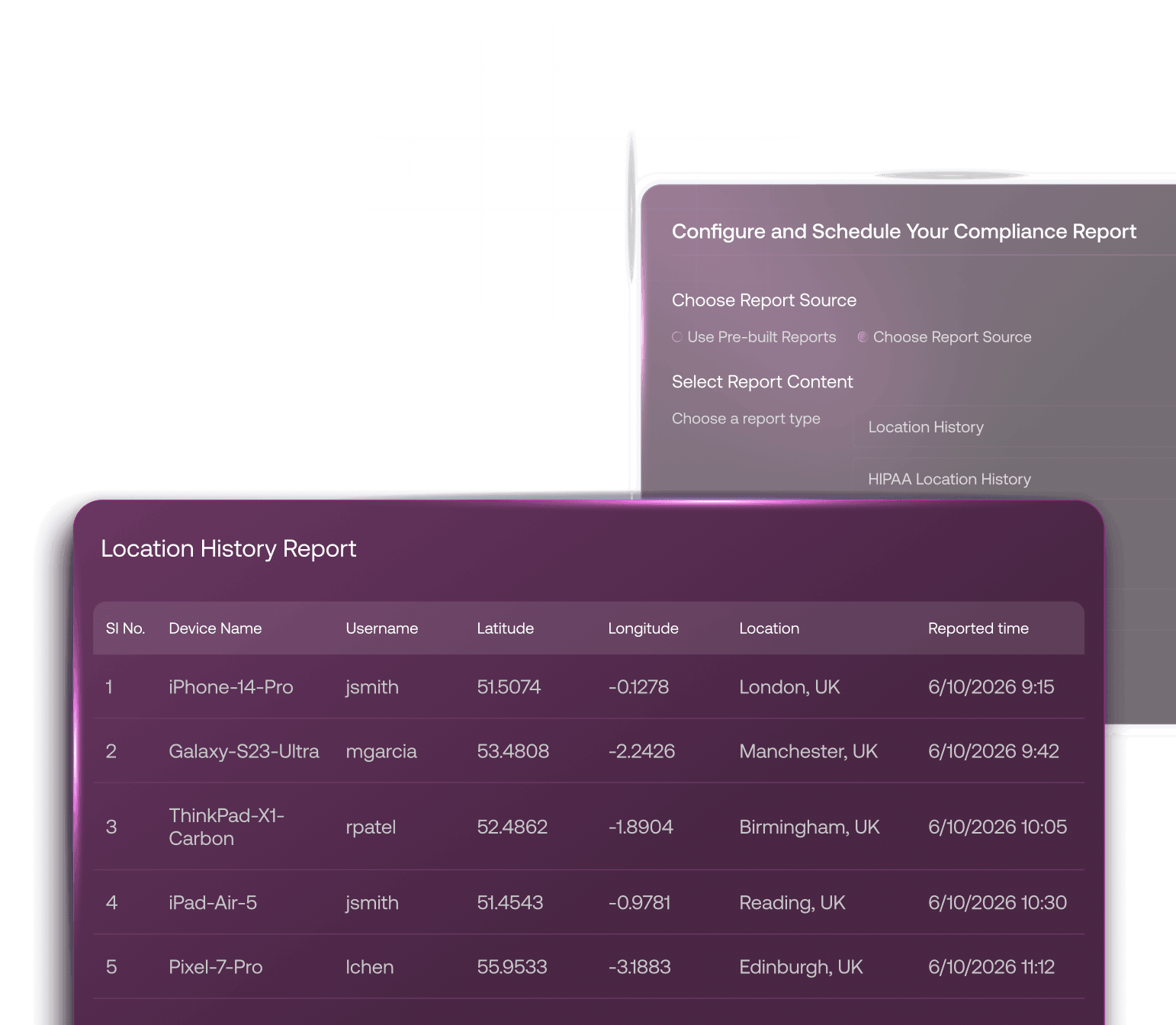 A dark mode interface displaying a comprehensive 'Location history report' table featuring columns for Device, Time, Coordinates, and Status.