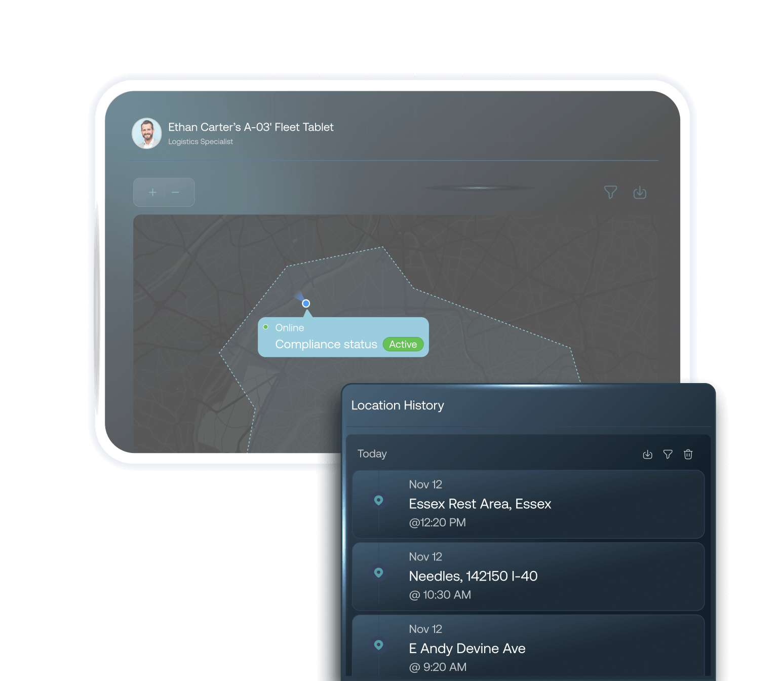 A dark mode dashboard showing a map interface with a 'Lost Mode Activated' alert and a detailed 'Location History' log panel listing coordinates and timestamps.