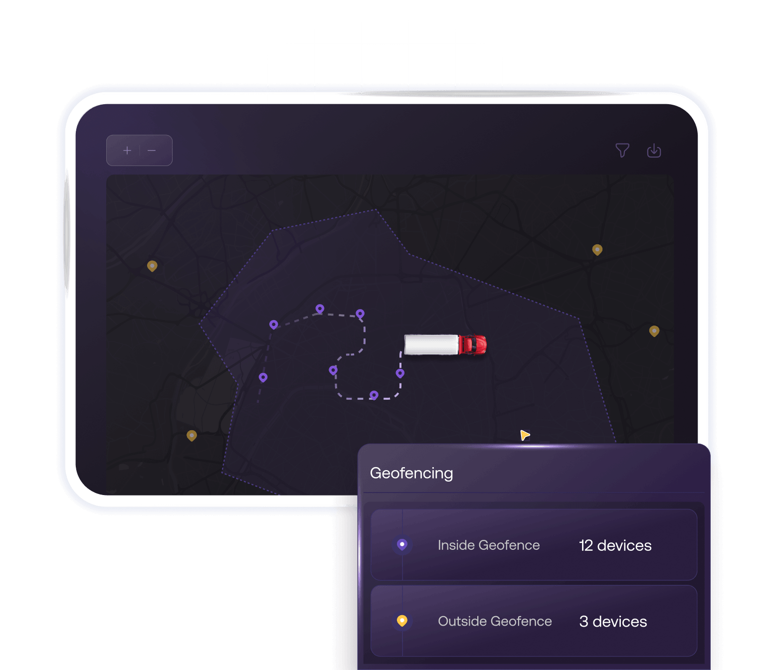 A dark mode dashboard interface displaying a map with a tracked vehicle and a 'Geofencing' widget highlighting active and in-transit device counts.