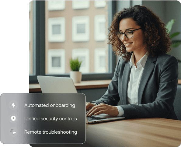 A professional woman working on a Mac laptop in an office setting, representing macOS device management and productivity.