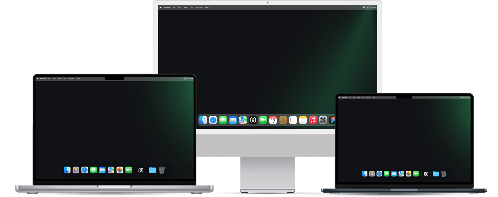 Three macOS devices - two MacBooks and an iMac, displayed together with their Dock visible, showcasing a unified macOS device environment.