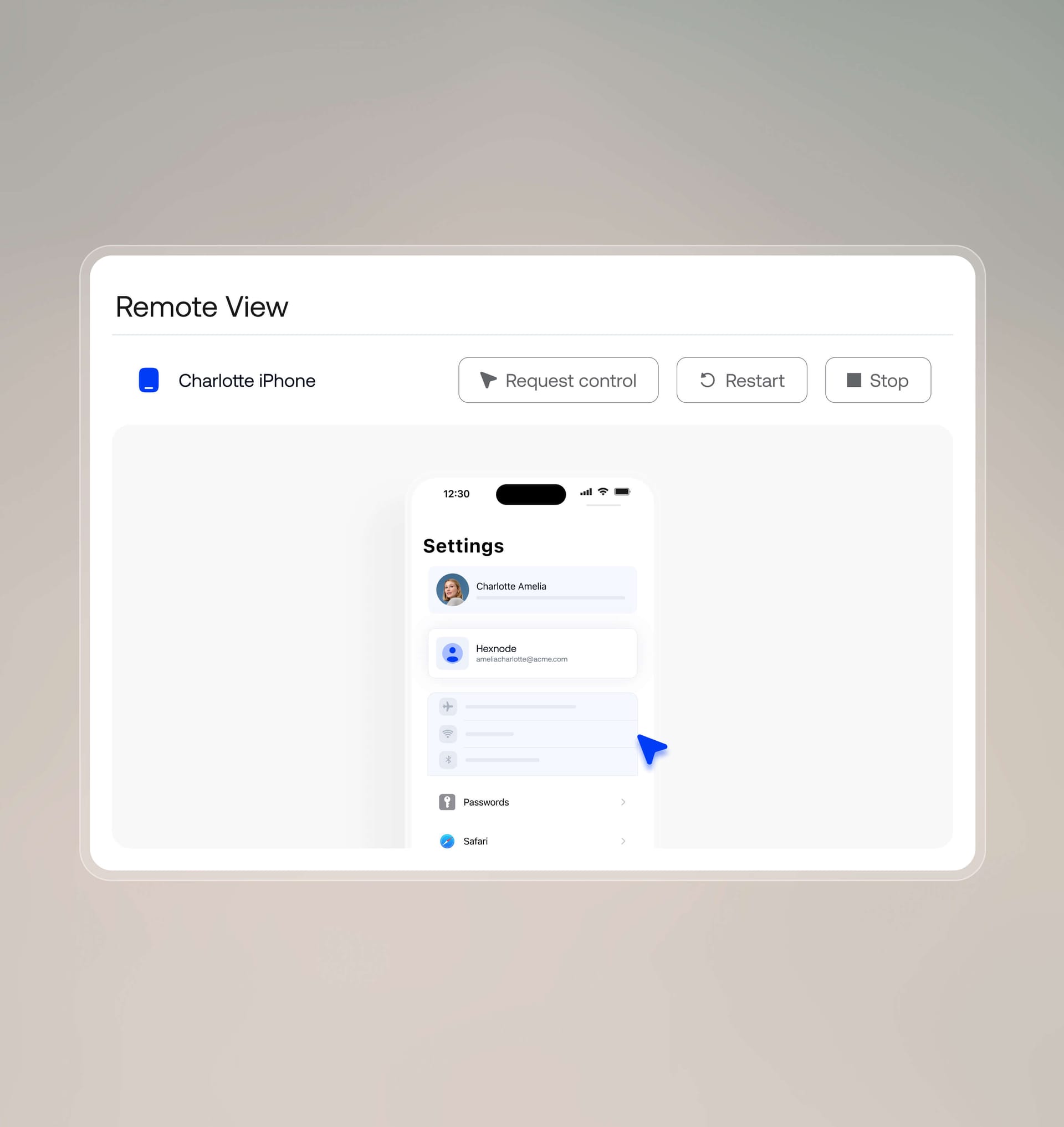 IT administrator remotely troubleshooting and resolving an issue on a managed device using Hexnode remote support and Genie AI.