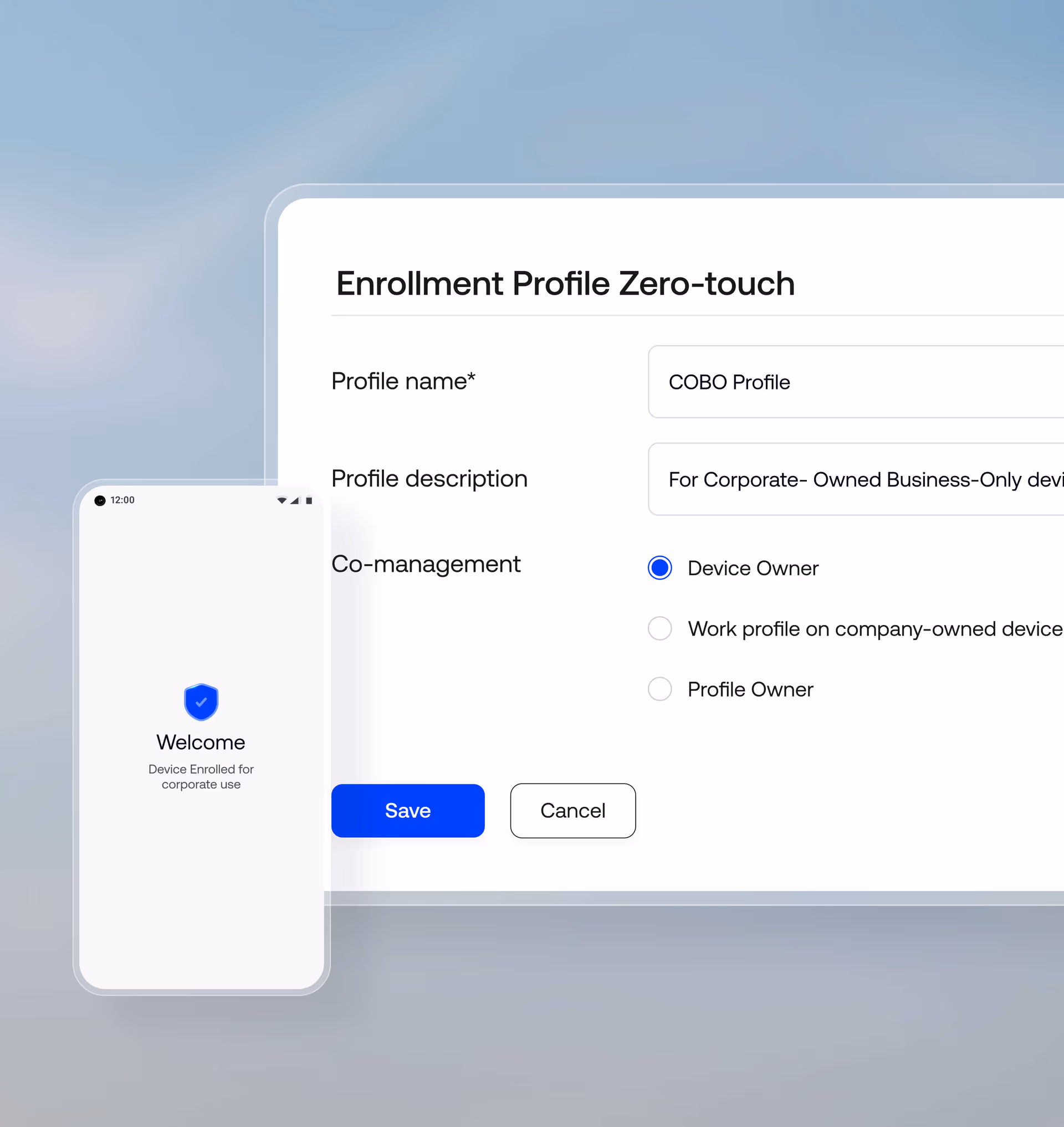 Business devices automatically enrolled, configured with policies, grouped, and prepared for employees through Hexnode zero-touch management.
