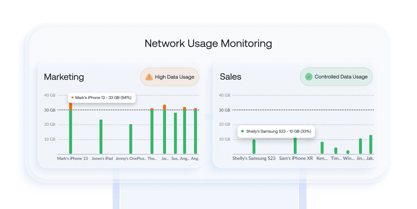 Dashboard displaying grouped device data usage with alerts for high consumption and checkmarks for controlled usage.