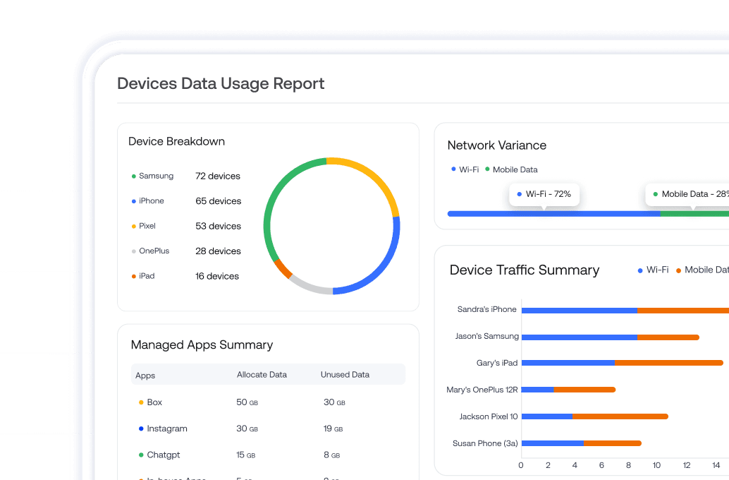 Reporting dashboard with historical data usage charts, compliance indicators, and audit-ready insights.