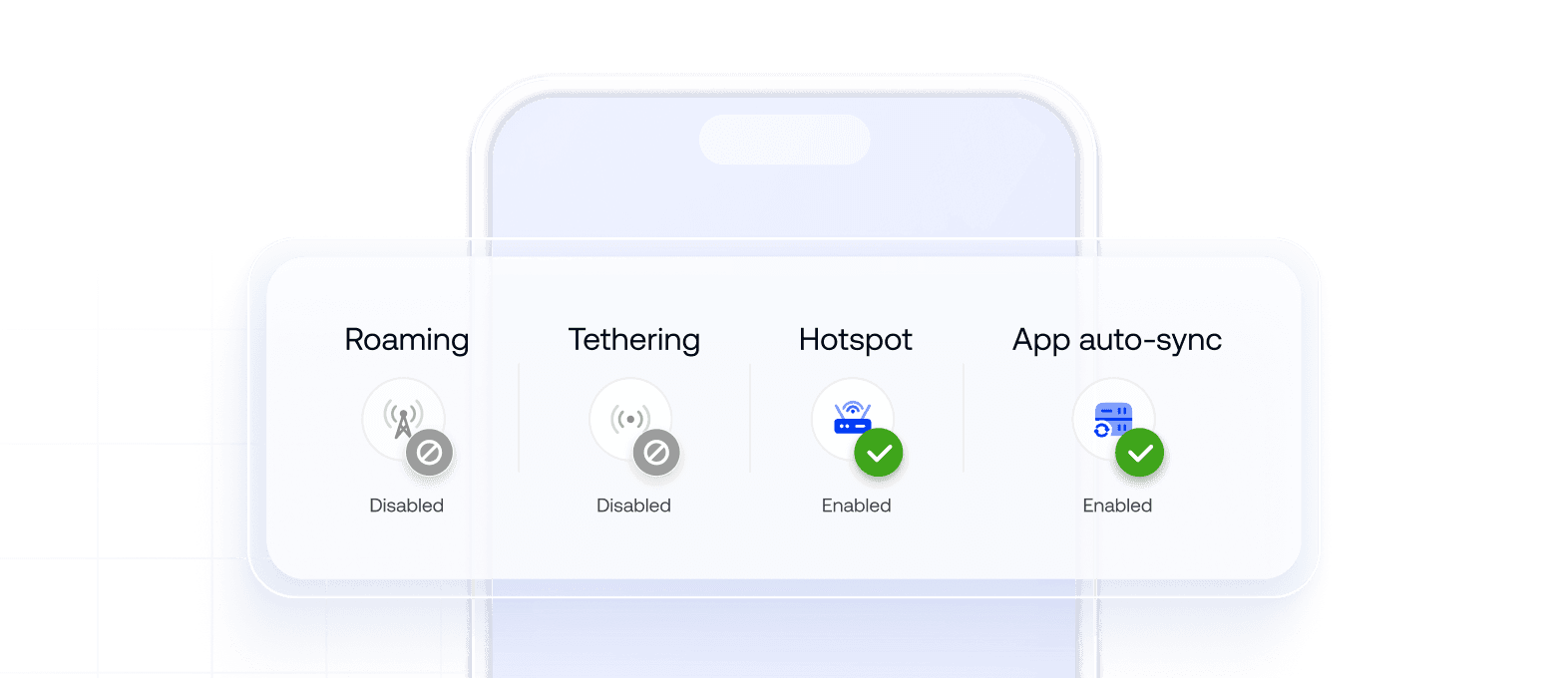 Corporate phone with roaming and hotspot disabled, indicating reduced mobile data costs.
