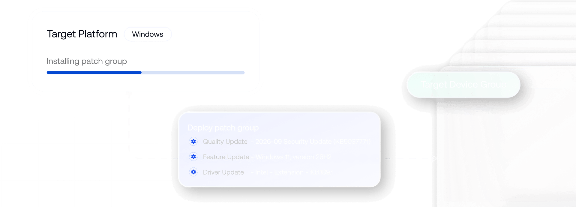 Interface showing the real-time installation progress of security patches on a managed Windows device.