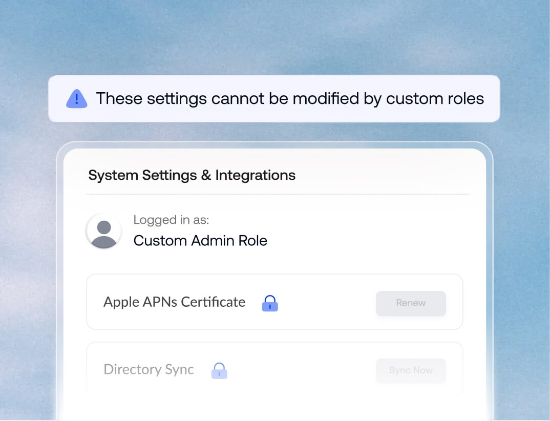 System settings panel displaying a warning that certain core integrations cannot be modified by custom roles to ensure platform security.