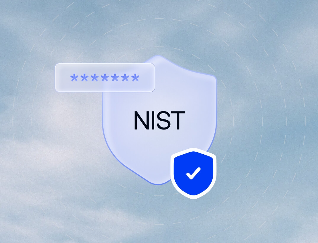 Security graphic featuring a shield and the NIST logo, representing strict, compliant password policies for administrator accounts.